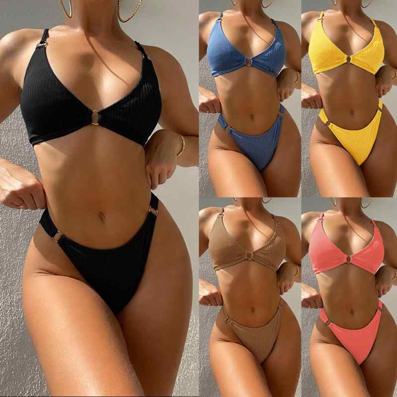 水着 レディース 欧米風 無地 リブ 三角Vネック ストラップ セクシー ビキニ スイムウェア パッド入り ワイヤーなし 速乾 伸縮性 ポリエステル 背中見せ ビーチ スイミング 三角ショーツ 春夏