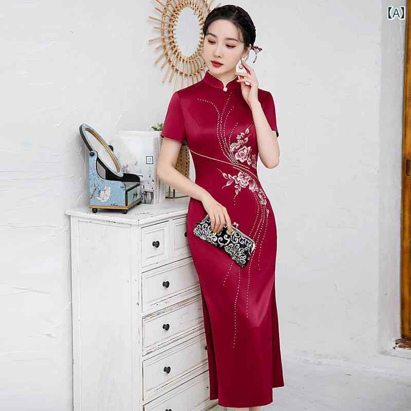 チャイナドレス 母親向け ミセス シルク ビーズ刺繡 レッド 高級感 改良版 立体裁断 立襟 三分袖 ロング丈 結婚式 披露宴 フォーマル ワンピース ドレス 春夏