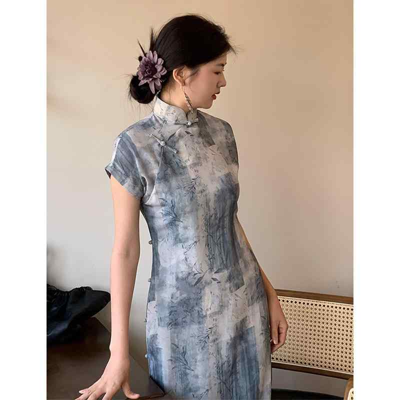 チャイナ ロングワンピース レディース 新中国風 普段使い テンセル麻素材 スタンドカラー 斜め襟 五分袖 ハイスリット エレガント レトロ クラシック 春夏