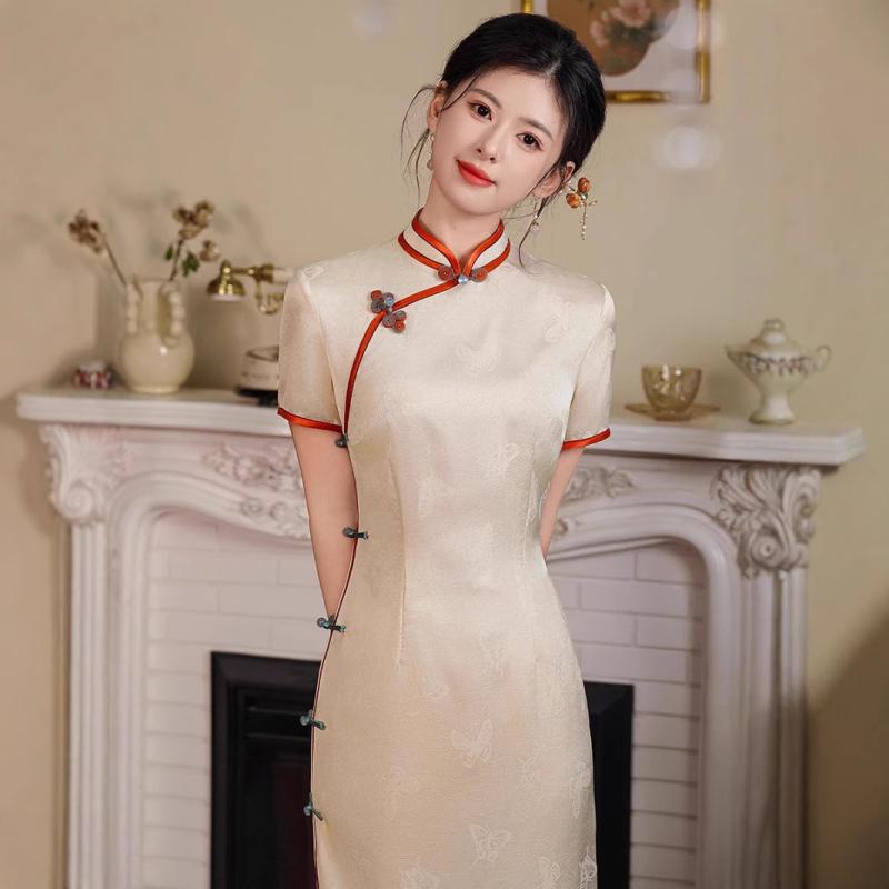 チャイナドレス レディース アイボリー ロング丈 改良デザイン チャイニーズスタイル 高級感 普段使い ヤング スタンドカラー 七分袖 ジャカードサテン バイカラー レトロモダン 春夏 ワンピース(4)