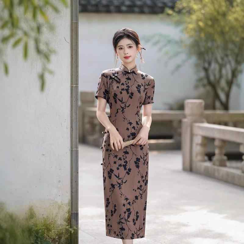 チャイナドレス レディース 春夏 ロング丈 半袖 オールド上海風 中国風 レトロ 伝統 エレガント ワンピース 大きいサイズ ゆったり 普段使い ポリエステル 微ストレッチ