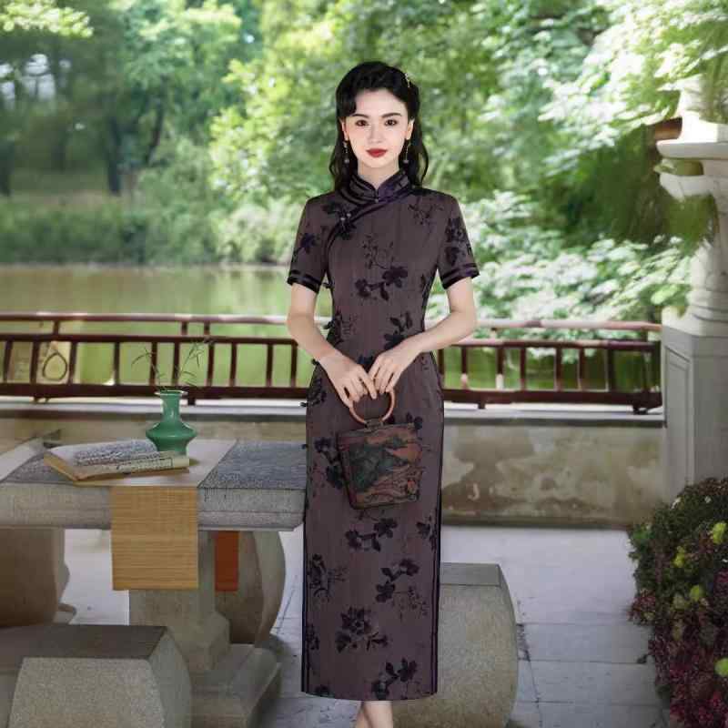 チャイナドレス レディース チャイナ風 スリムフィット レトロ クラシカル おしゃれ 上品 エレガント ロング丈 長袖 スタンドカラー ハイウエストスリット ポリエステル アセテート 春夏 フォーマル パーティー