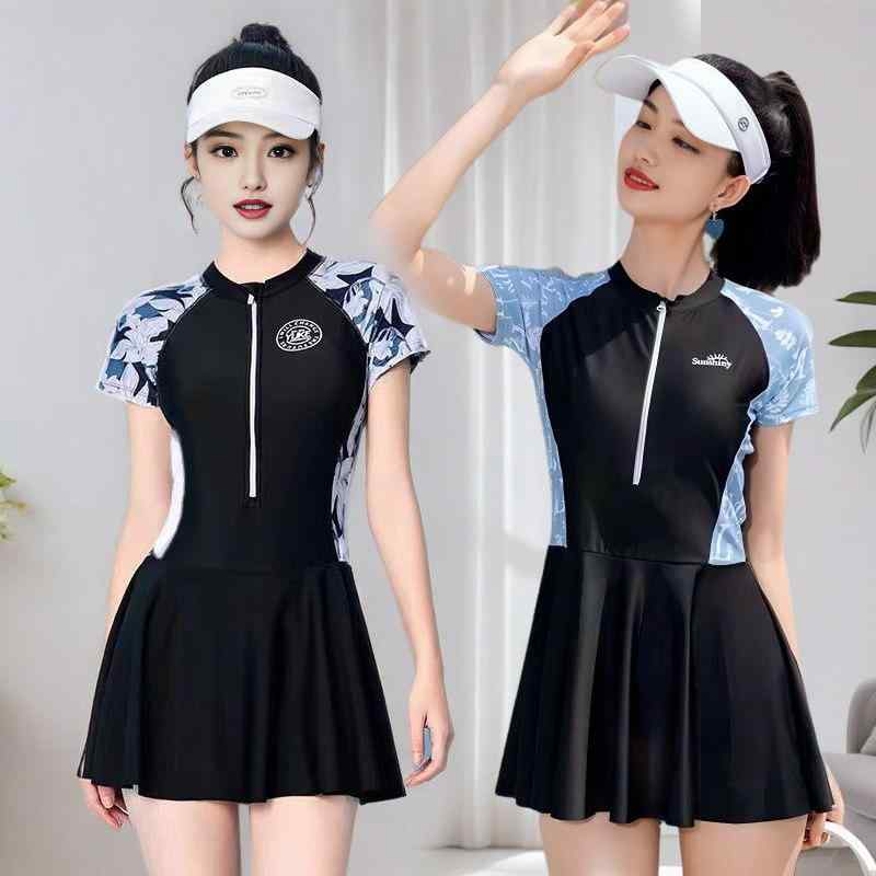 水着 レディース 体型カバー 細見え ワンピース スカート付き 速乾 ストレッチ性 耐久性 ワイヤー入り ポリエステル 再生繊維 ブルー系 ブラック 夏 ビーチ プール マリンスポーツ