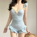 ワンピース水着 レディース 女性用 体型カバー スリム見え バストアップ 盛りブラ ワイヤー入り パッド付き ライトブルー 無地 フェミニン 上品 伸縮性 爽やか 温泉 リゾート プール