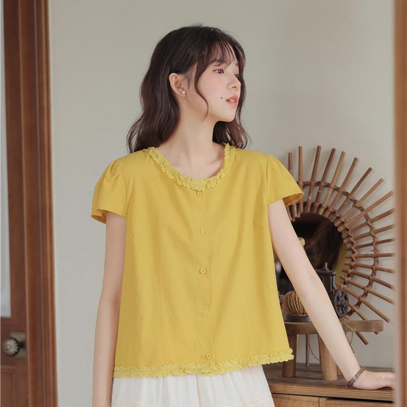 シャツ ブラウス レディース 半袖 フリル袖 クルーネック レトロ ナチュラル カジュアル レース切り替..