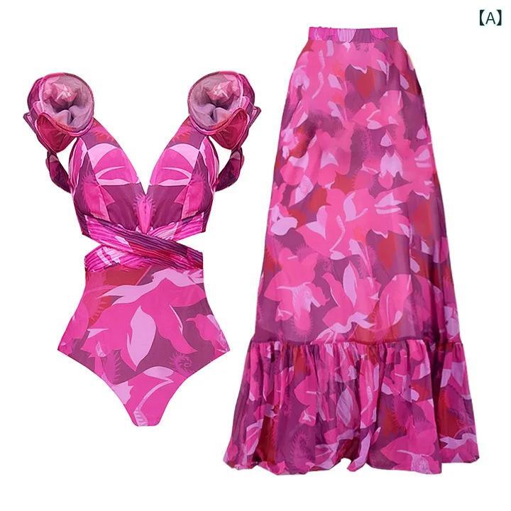 水着 レディース 2点セット ワンピーススイムウェア フリル カットアウト 総柄 ボーンデザイン リゾート ナイロン素材 速乾 伸縮性 胸パッド付き ノンワイヤー