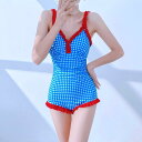ワンピース水着 レディース ブルー チェック柄 フリル 高級感 セクシー バックシャン パッド入り ナイロン素材 プール ビーチ リゾート スイムウェア