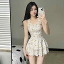 ワンピース水着 レディース 夏用 体型カバー 細見え 大人かわいい ダブルストラップ スカート付き リゾート ビーチ 小鳥柄 伸縮性 カップ付き ノンワイヤー ナイロン スパンデックス混