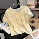 シャツ ブラウス レディース 立体刺繍 花柄 レース Vネック 半袖 前開き ロング丈 エレガント エイジレス 春夏 トップス 通勤 オフィス アプリコット ブルー