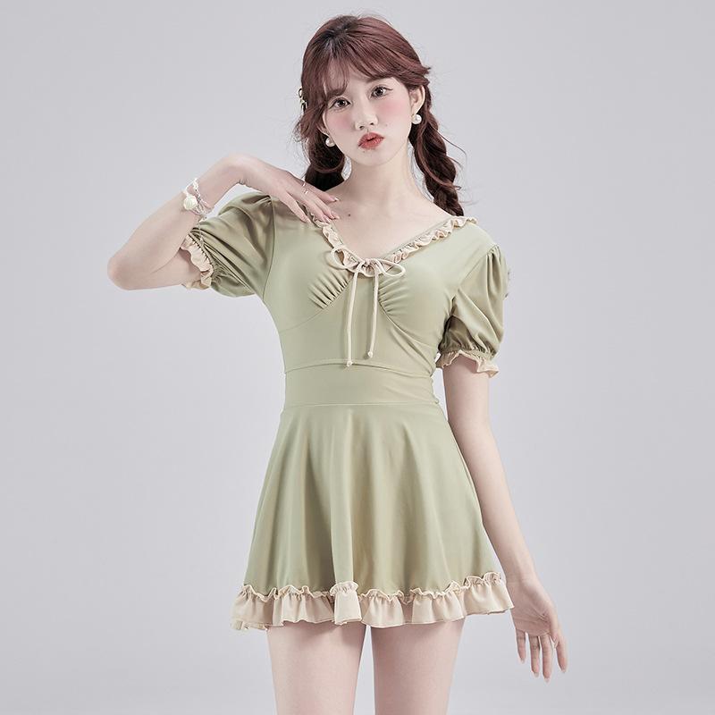 水着 レディース ワンピース スイムウェア 無地 フリル かわいい ウエストマーク スタイルアップ エレ..