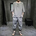 セットアップ メンズ 新チャイナ風 禅スタイル レトロ 普段使い 綿麻 コットン リネン 飾りボタン Tシャツ 2点セット リラックスウェア 夏 グレーグリーン ブラウン