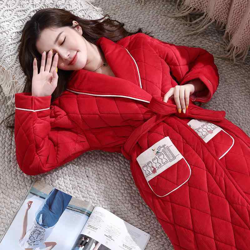 ナイトガウン レディース 3層構造 中綿入り サンゴフリース フランネル生地 極厚 保温 防寒 ロング丈 ..