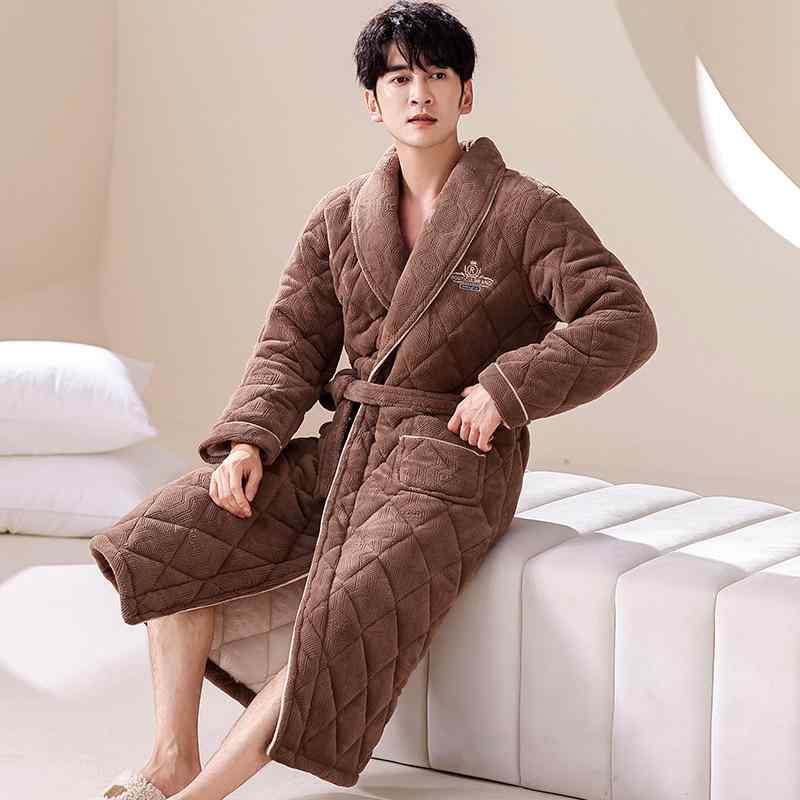 ガウン メンズ 冬用 サンゴマイヤー フリース 再生繊維 中綿入り 三層構造 極厚 保温 あったか 襟付き ..