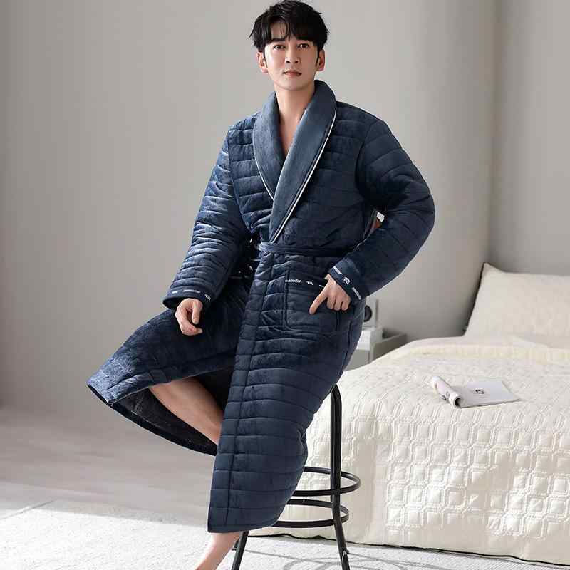 ルームウェア メンズ 男性用 秋冬 サンゴフリース中綿入り 裏起毛 三層構造 極厚 ロング丈 バスローブ ガウン パジャマ 部屋着 リラックスウェア Vネック 快適