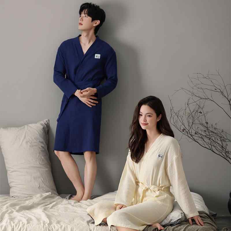 パジャマ カップル レディース メンズ 長袖 春秋 純綿 コットン Vネック 開襟 ルームウェア バスローブ..