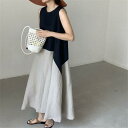 ワンピース レディース ラウンドネック ノースリーブ ゆったり Aライン 配色切り替え 綿麻 ロング丈 春夏 カジュアル 普段使い グリーン ネイビー(4)