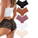 ショーツ レディース セクシーランジェリー レース ボーイレッグショーツ V字カット 透け感 通気性 快適フィット ハイウエスト リブ編み 5枚セット コットンクロッチ