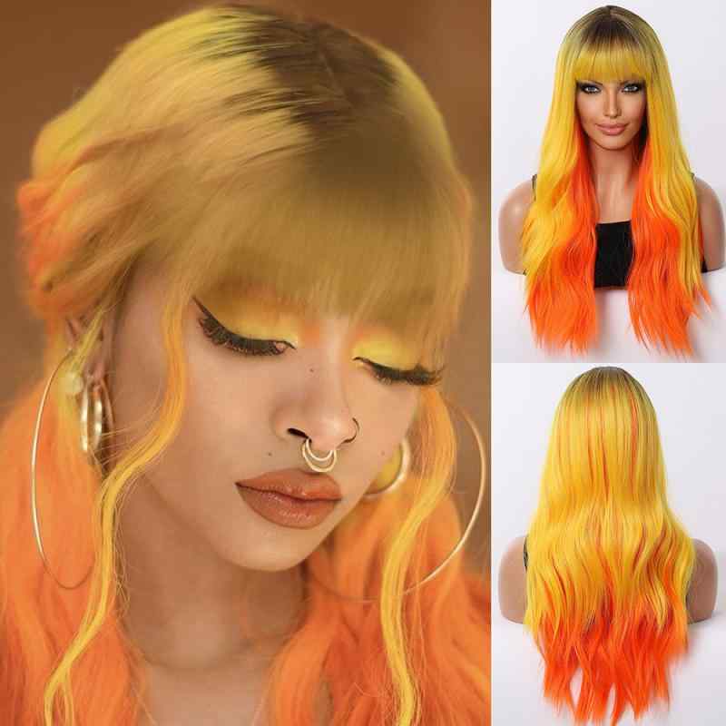 ウィッグ レディース ロング ウェーブ カール グラデーション オレンジ 前髪あり 耐熱ファイバー ファ..