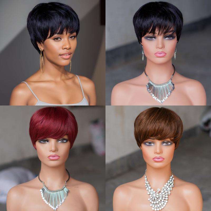 真髪ウィッグ レディース ショート ピクシーカット 人毛100% マシンメイド ぱっつん前髪 自然な肌色 丸..