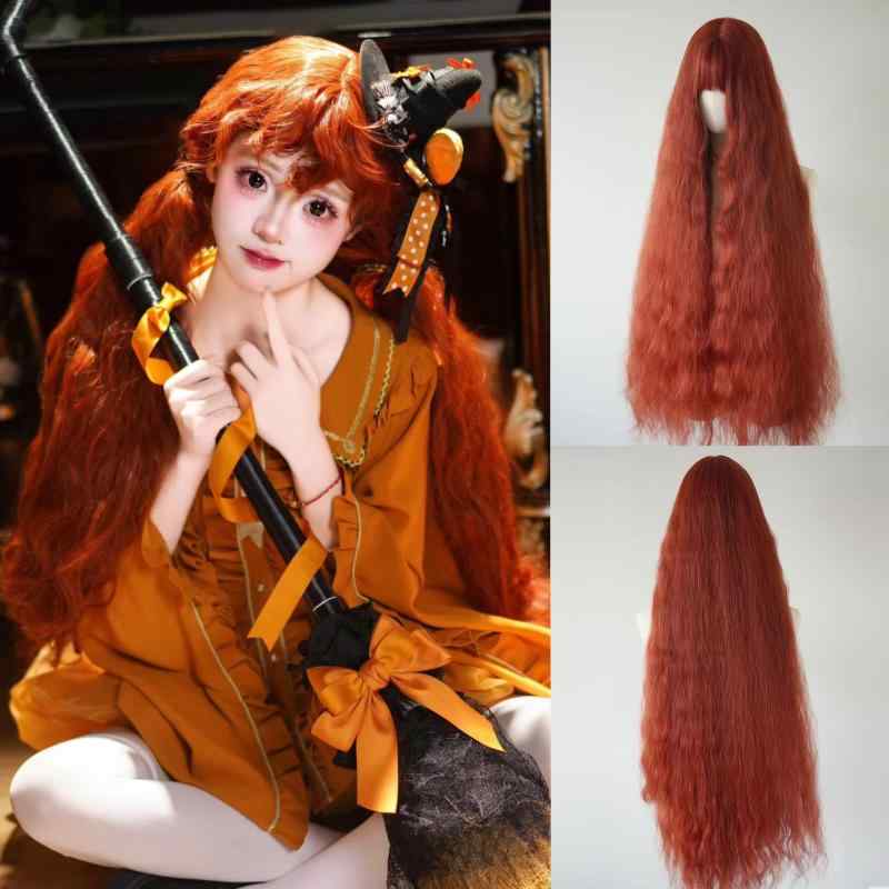 かつら フルウィッグ ロリータ コスプレ 森ガール風 100cm オレンジレッド ロングカール ぱっつん前髪 ..