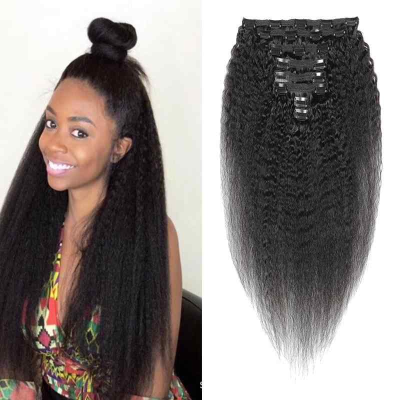 エクステ 人毛 クリップ式 8点セット Kinky Straight パーマ 染め対応 ナチュラルブラック ボリュームアップ 自然な仕上がり 装着簡単 普段使い