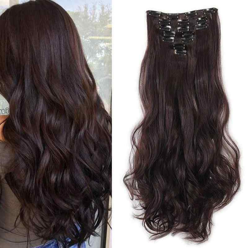 ヘアエクステ 付け毛 レディース 大波ウェーブ ロング 耐熱ファイバー クリップ式 7点セット 自然な仕上がり ボリュームアップ ブラウン ブラック系