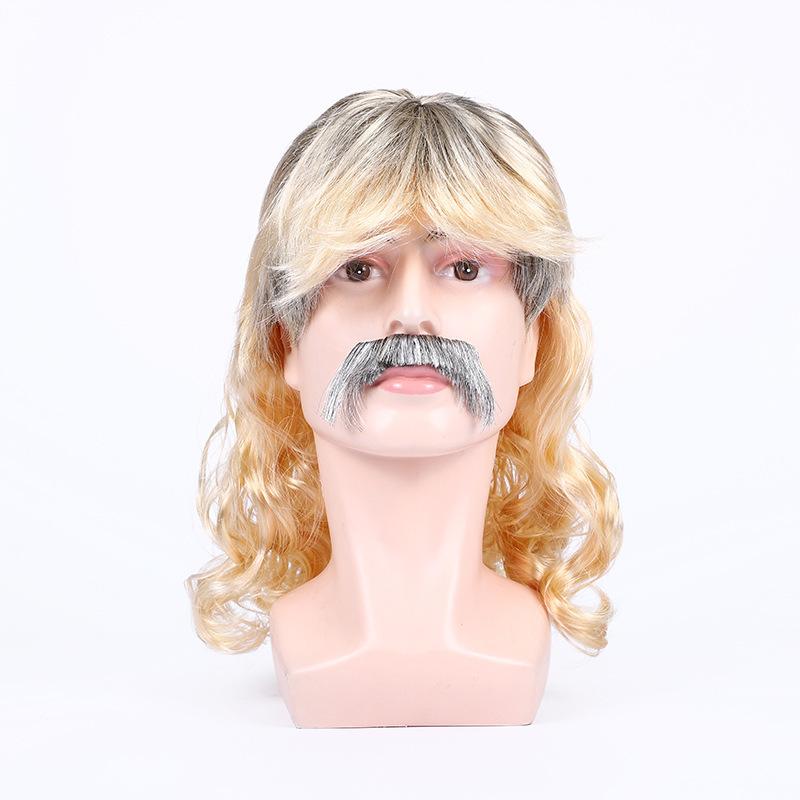 コスプレウィッグ メンズ 男性用 タイガーキング ジョー・エキゾチック ウィッグ かつら ミディアム丈 カール 巻き髪 イヤリング つけ髭 セット 変装 パーテ...