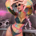 ランジェリー レディース フィッシュネット ツーピース レインボーカラー ハイネック セクシー ボディコン かわいい ビキニカバーアップ ビーチウェア コスプレ ナイロン(4)