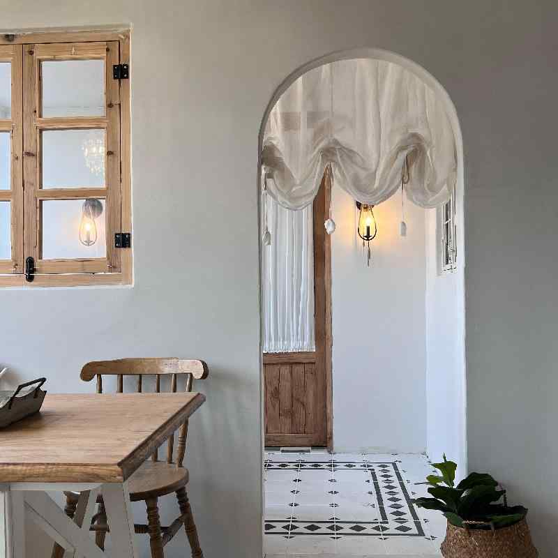 カフェカーテン のれん リネン 麻 アーチ型 レトロ ヴィンテージ マジックテープ式 タイアップ 昇降式 ローマンシェード 間仕切り ドアカーテン リビング 寝室 玄関 無地 ナチュラルテイスト