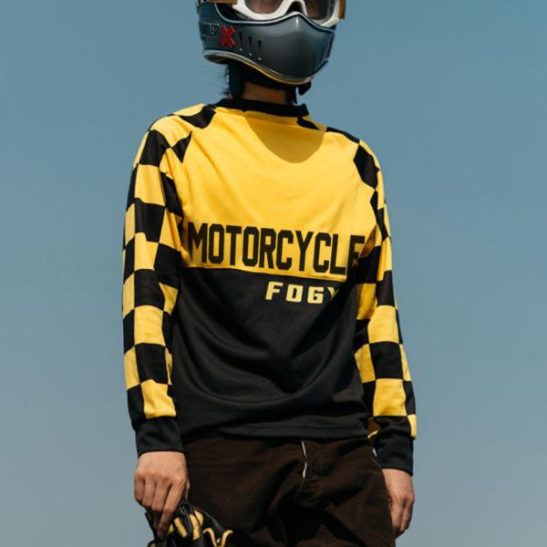 Tシャツ メンズ 長袖 夏 薄手 速乾 スポーツ カジュアル レトロ バイク クルーネック チェック柄 ポリエステル プリント イエロー