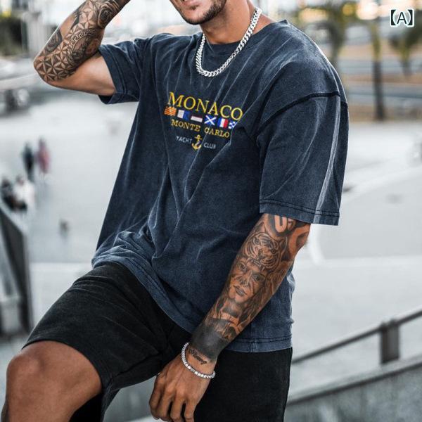 Tシャツ ユニセックス メンズ レディース 大きいサイズ ビッグシルエット レトロ モナコ モンテカルロ ヨットクラブ ロゴプリント クルーネック 半袖 ポリエステル 伸縮性 ダークブルー 春夏