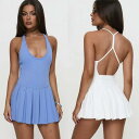 スポーツ レディース ワンピース テニス ヨガ ゴルフ 胸パッド付き Uネック 美背 インナーパンツ一体型 Aライン プリーツ 速乾 高伸縮性 ストレッチ ナイ...