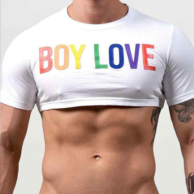 Tシャツ ミニ メンズ クルーネック ショート丈 ウエスト見せ スリムフィット セクシー デザイン性 伸縮性 薄手 ポリエステル カジュアル 夏 白 重ね着