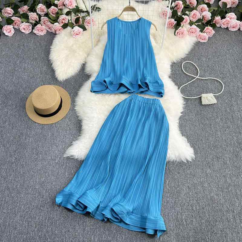 セットアップ レディース 女性用 カジュアル エレガント デザイン性 ノースリーブ フリル ゆったり トップス ハイウエスト マーメイド プリーツ ミディ丈 スカート 2点セット 春夏 ポリエステル