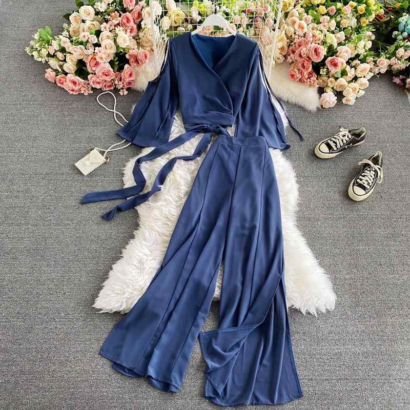 セットアップ レディース 再生繊維 Vネック ショート丈 トップス フレアスリーブ ウエストマーク ハイウエスト ワイドパンツ スリット入り 2点セット 春夏 上品 カジュアル 普段使い お出かけ