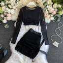 セットアップ レディース キャミソール インナー シアーTシャツ ショート丈 ハイウエスト スカート 黒 3点セット カジュアル 春夏