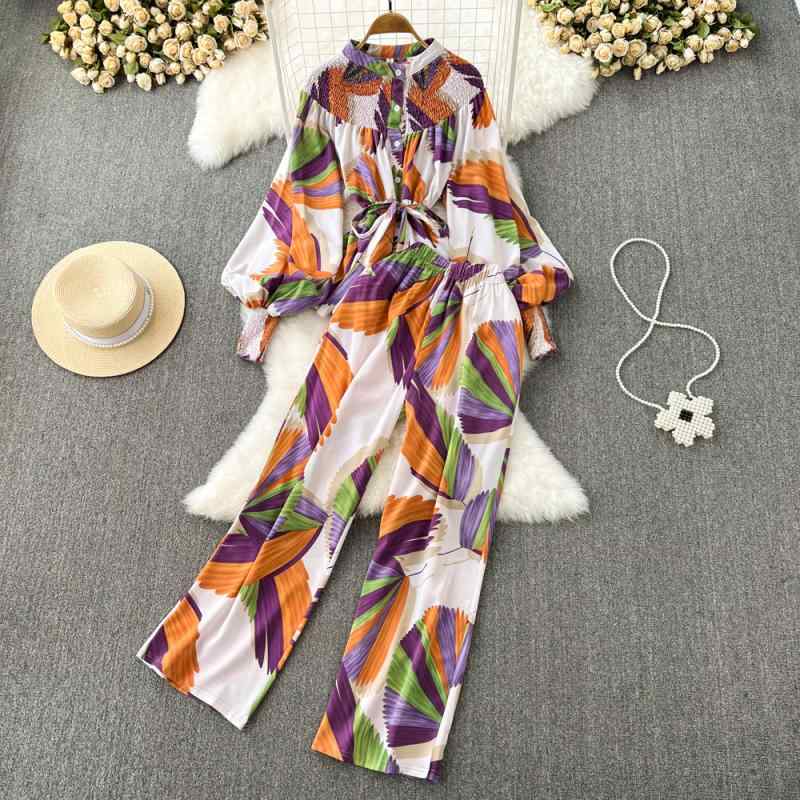 セットアップ レディース 欧米風 レトロ エレガント スタンドカラー ランタンスリーブ 花柄 ゆったりトップス ハイウエスト ワイドパンツ ツーピース ポリエステル 普段使い お出かけ フェミニン 多色展開