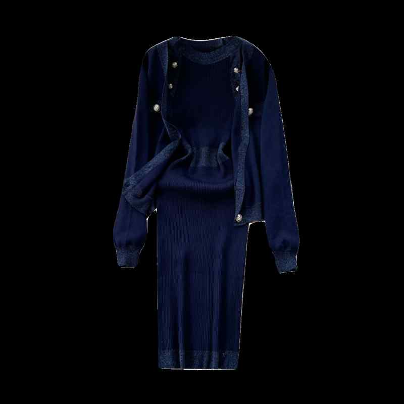 セットアップ レディース エレガント 上品 ニット ノースリーブワンピース ショールアンサンブル メタルボタン スリムフィット シェニール 春夏 ダークブルー ホワイト ブラック ブラウン切り替え