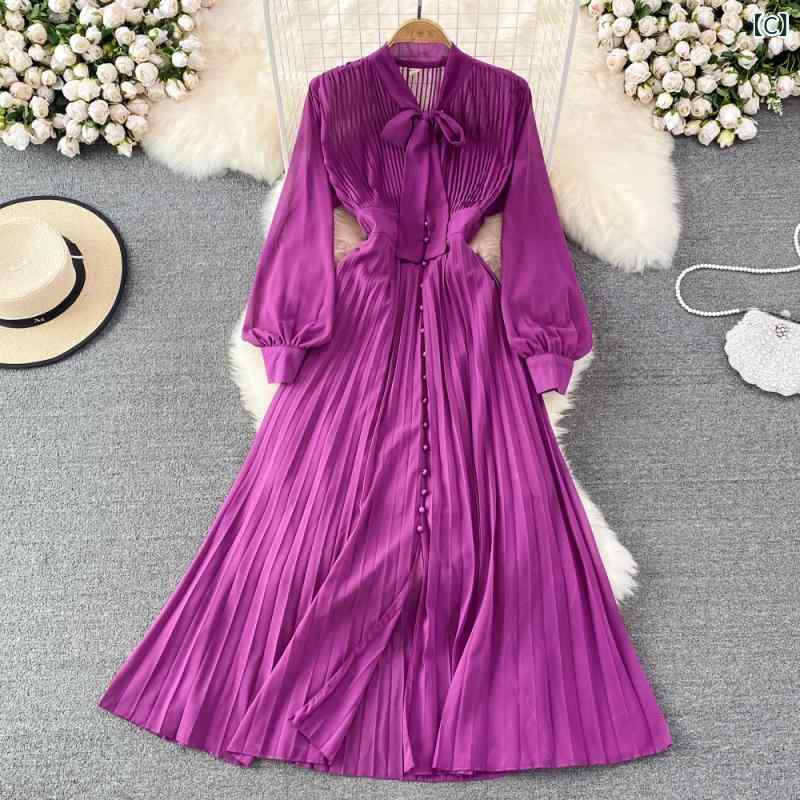 ワンピース レディース ライトラグジュアリー 上品 エレガント Vネック リボンタイ ウエストマーク シングルボタン 前開き Aライン プリーツ フレア ロング丈 長袖 アクリル シフォン オフィス 通勤 きれいめ 春夏