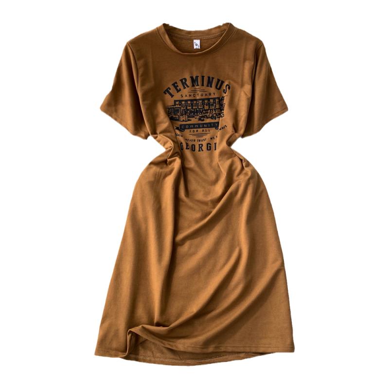 ワンピース レディース 韓国風 カジュアル Tシャツ ドレス アルファベットプリント ラウンドネック ウエストマーク 着痩せ Aライン ミディ丈 半袖 ハイウエスト 通勤 お出かけ 春夏(4)