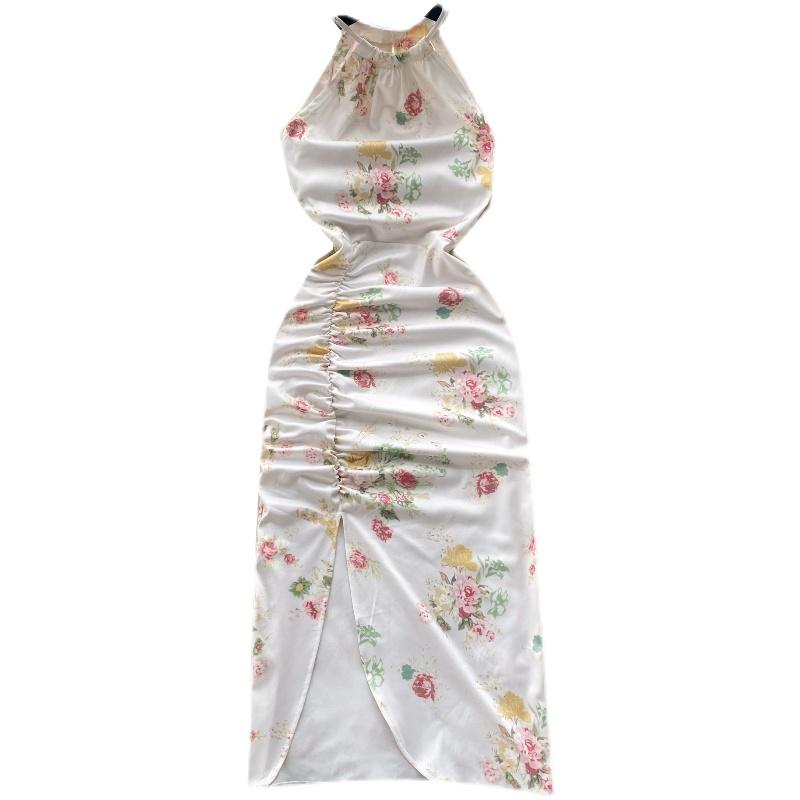 ワンピース レディース フレンチレトロ ヴィンテージ エレガント 上品 セクシー 純欲スタイル ホルターネック ノースリーブ 花柄プリント ギャザー プリーツ タイト 細見え ミニ丈 春夏 ホワイト