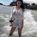 水着カバーアップ レディース シフォン シャツ チュニック丈 Vネック 長袖 ゆったり オーバーサイズ シアー 透け感 ビーチ リゾート 体型カバー UV対策 きれいめ エレガント 春夏 ホワイト ブラック