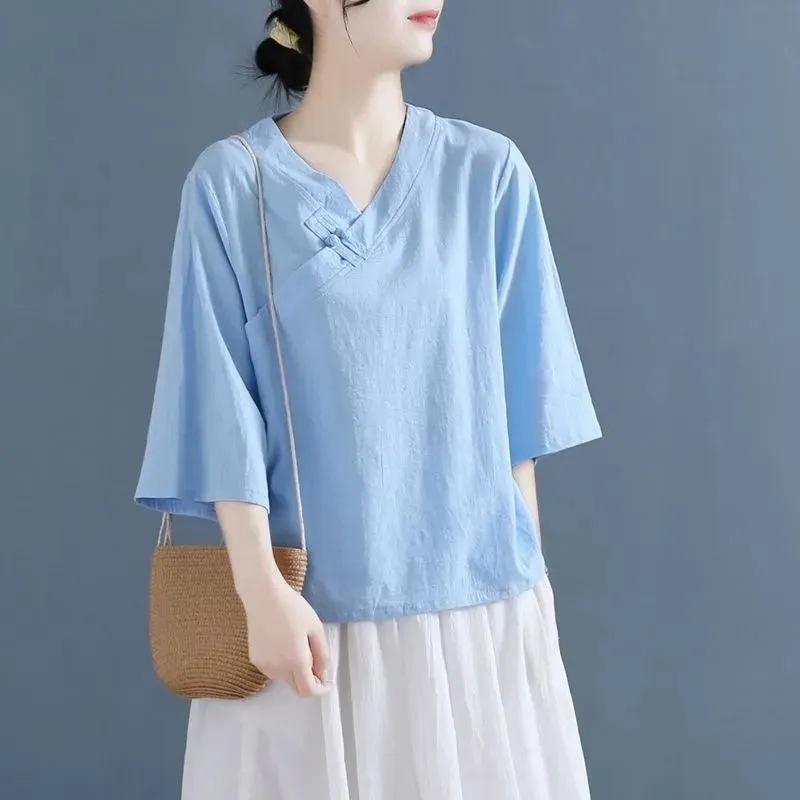 シャツ レディース 綿麻 コットンリネン 五分袖 ゆったり ルーズフィット トップス 吸湿速乾 カジュアル 普段使い 春夏 きれいめ 大人カジュアル エレガント 無地
