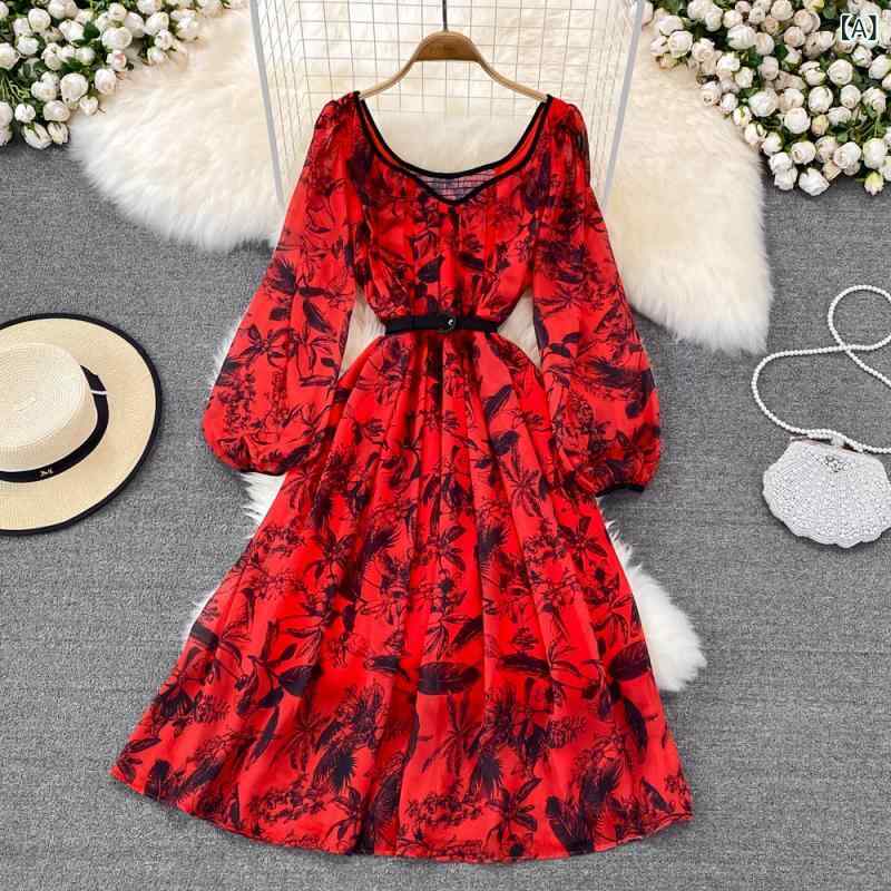 ワンピース レディース 春夏 フレンチ かわいい スクエアネック パフスリーブ ウエストマーク スタイルアップ シフォン フレア ロング丈 リゾート ビーチ ドレス