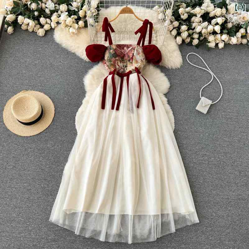 ワンピース レディース フレンチレトロ ヴィンテージ 刺繍 キャミワンピース ウエストマーク ハイウエスト 細見え Aライン チュール 花柄 春夏 アプリコット 通勤 オフィス エレガント