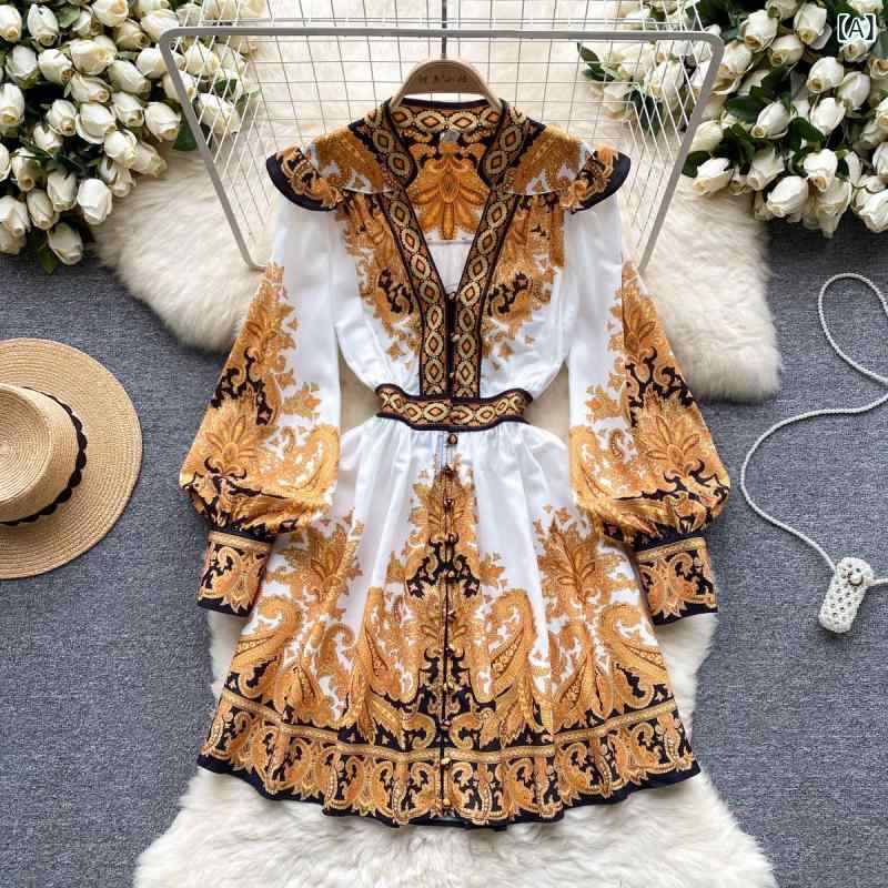 ワンピース レディース 夏 Vネック 長袖 ランタンスリーブ シフォン 配色 花柄 レトロ ミモレ丈 Aライン 前開き ハイウエスト カジュアル エレガント