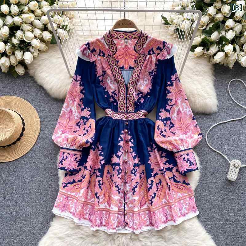 ワンピース レディース 夏 Vネック 長袖 ランタンスリーブ シフォン 配色 花柄 レトロ ミモレ丈 Aライン 前開き ハイウエスト カジュアル エレガント