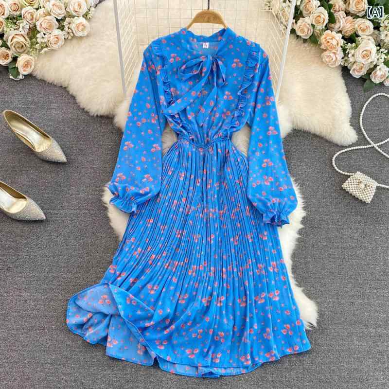 レディース ワンピース 秋冬 ラウンドネック 長袖 パフスリーブ ハイウエスト ウエストマーク Aライン プリーツ 小花柄 ミディ丈 細見え 体型カバー エレガント きれいめ 通勤 オフィス 普段使い ガーリー