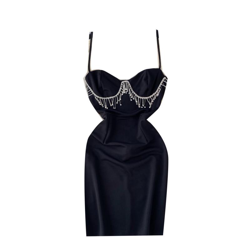 ドレス レディース フレンチテイスト エレガント パーティードレス カクテルドレス 二次会 お呼ばれ ミディ丈 ストラップ ベアトップ ノースリーブ ビーズ ラインストーン フリンジ ボディコン スリムフィット 細見え 黒