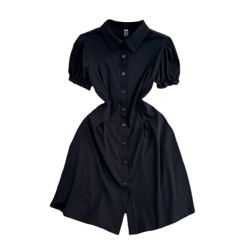レディース シャツワンピース 春夏 フレンチ ヘプバーン風 エレガント きれいめ 通勤 オフィス パフスリーブ 半袖 スタンドカラー ウエストマーク 細見え Aライン ハイウエスト シングルボタン プリーツ 無地 ミニ丈 ブラック